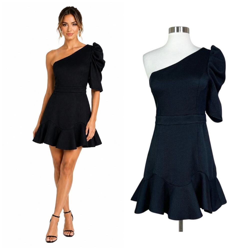 NEW Dao Chloe Dao | Black Puff Sleeve One Shoulder Ruffle Formal Mini Dress S